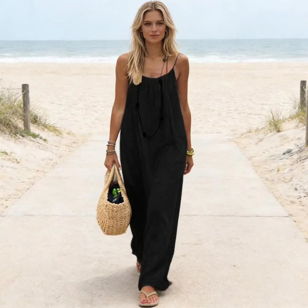 Women's Backless Cami Dress Summer Casual Sleeveless Boho Beach Maxi Dress Spaghetti Strap Vacation Long Sundress with Back Tie