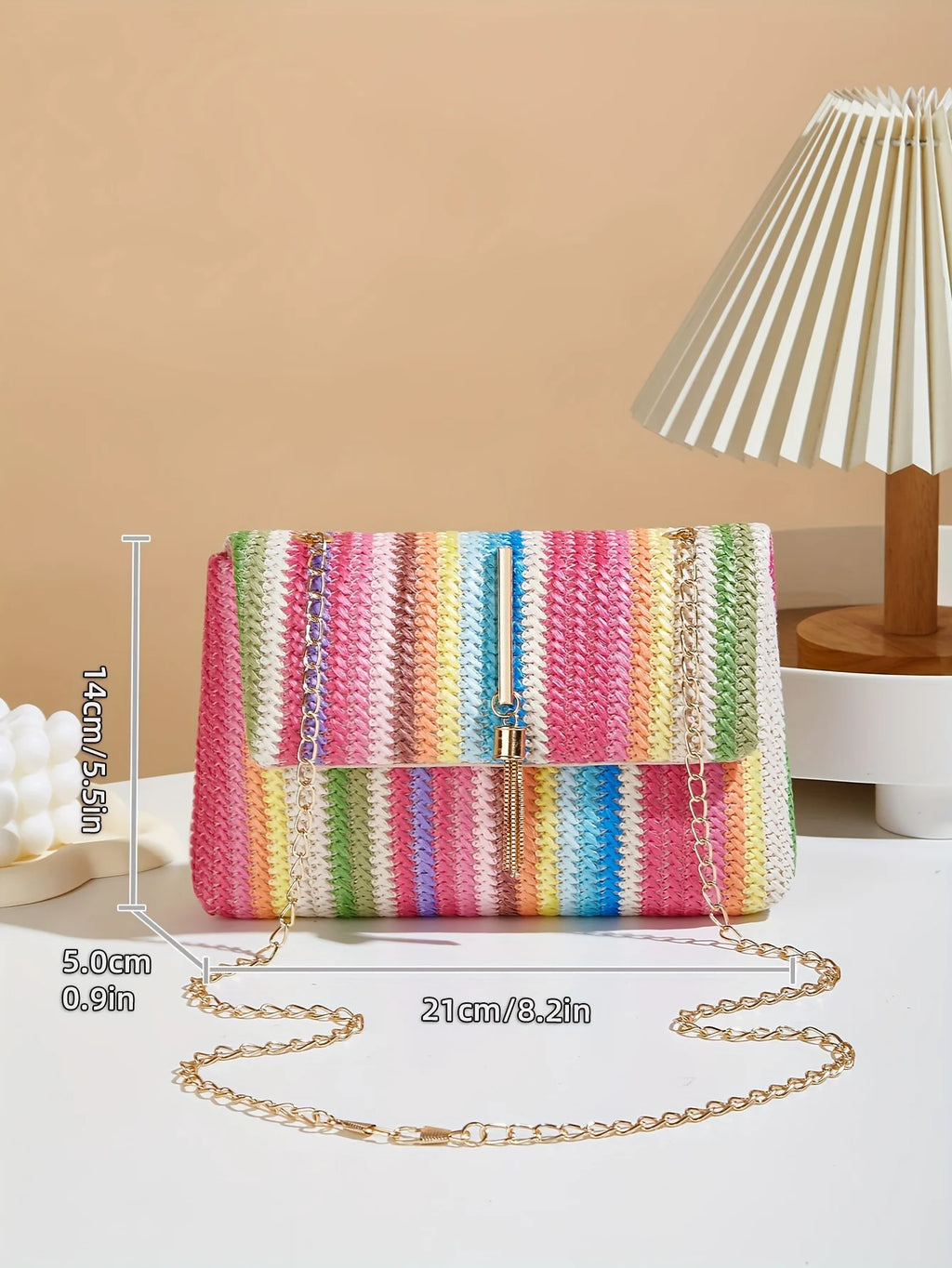 Chic Rainbow Stripe Straw Crossbody Bag for Women Adjustable Shoulder Strap Magnetic Closure Tassel Accent, Fashion Square Purse