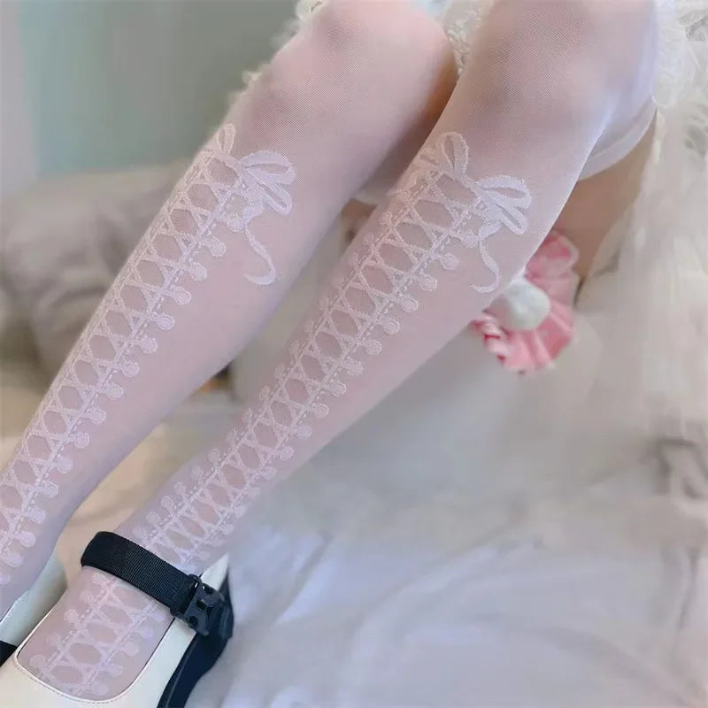 Sweet Lolita Leggings Japanese Girl's Bow Cross Tie White High Stockings JK Love Poker Women's Ultrathin Black Sexy Knee Socks