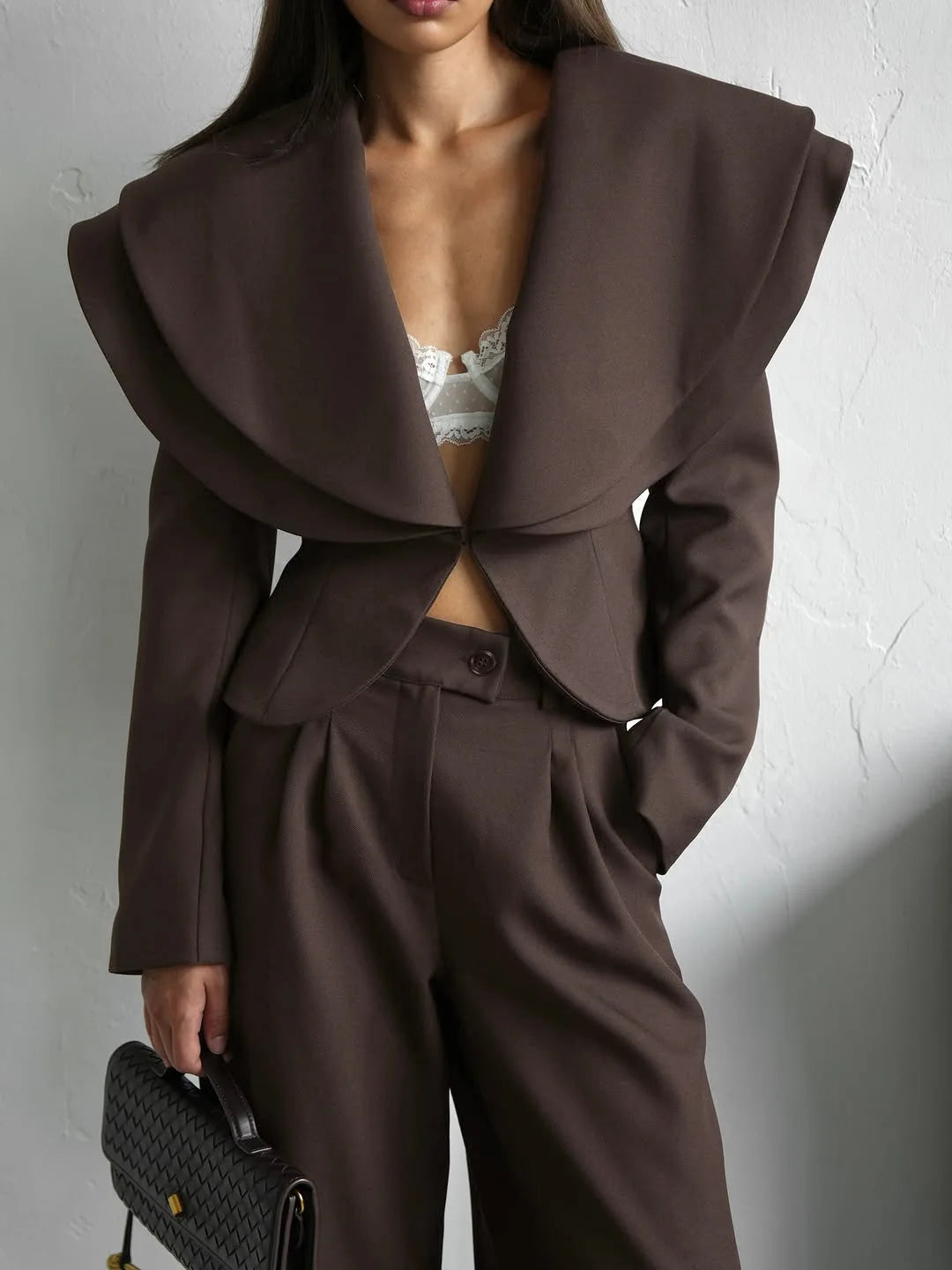 Chic Big Lapel Coat Pants Women Set Elegant Full Sleeve Single Breasted V-neck Straight Loose Trousers Solid Autumn Fashion Set