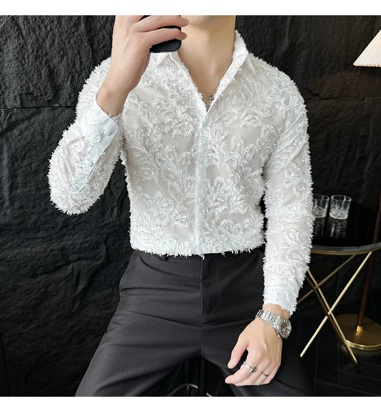 Tassels Shirts For Men Korean New Autumn Winter Long Sleeve Men's Social Shirt Slim Fit All Match Plain Color Blouse Homme 4XL-M