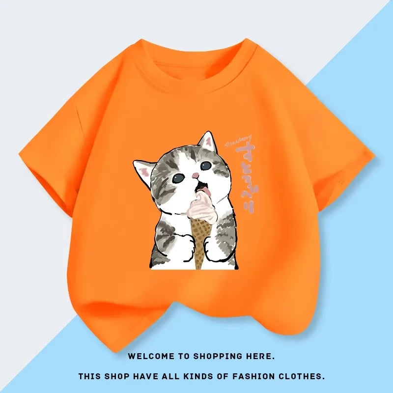 2026 New Mofusand Cat Girl's Clothing Short Sleeved T-shirt Baby Pure Cotton Top Summer New Clothes Children's Base Shirt