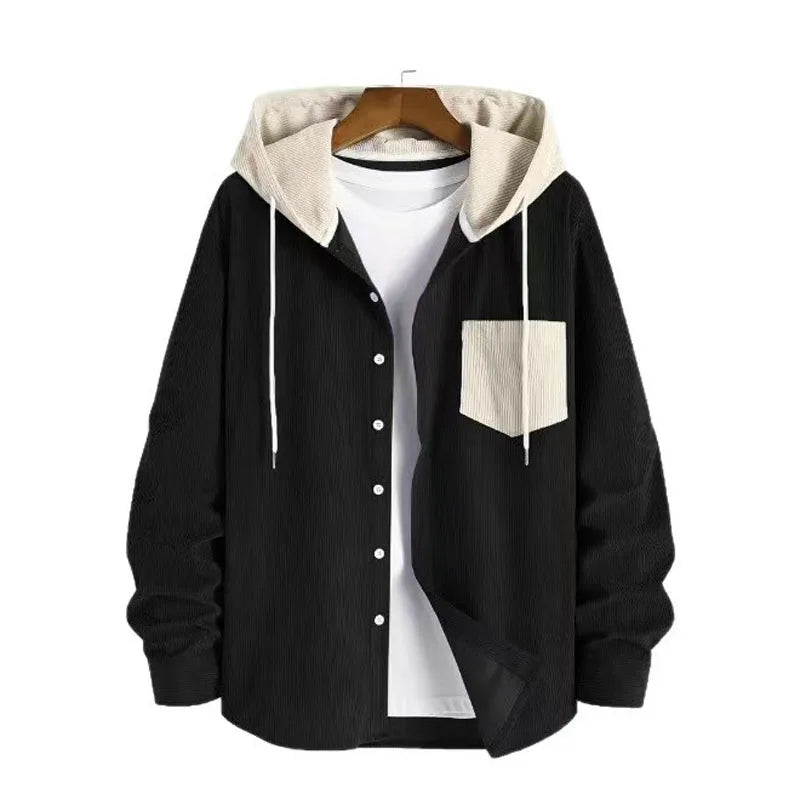 New Spring Autumn Men's Corduroy Long Sleeve Shirt Casual Streetwear Pocket Splicing Color Hoodie Loose Tops for Men Coats