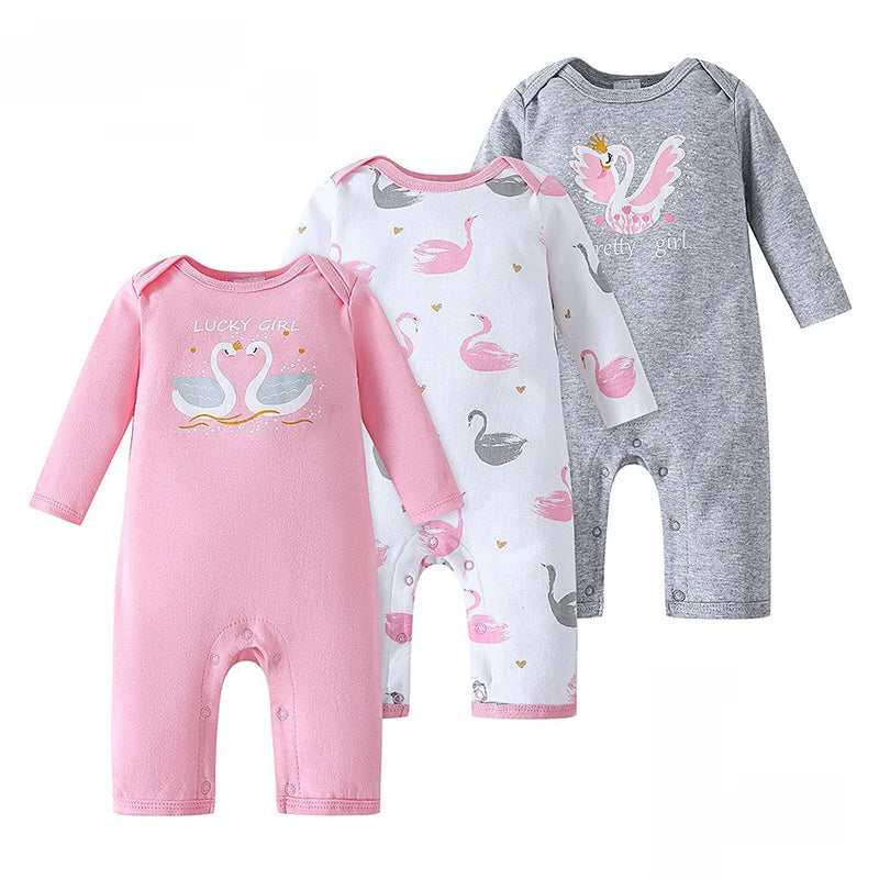 Kit 3 Baby Rompers Long Sleeve Footless Printed Infant Boy Girl Clothes
