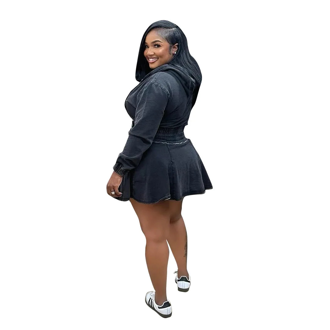 New TS1325 Women's Casual Washed Denim Short Skirt Set Fashionable Autumn Season Leisure Style Unisex Work Uniform Student Sc...
