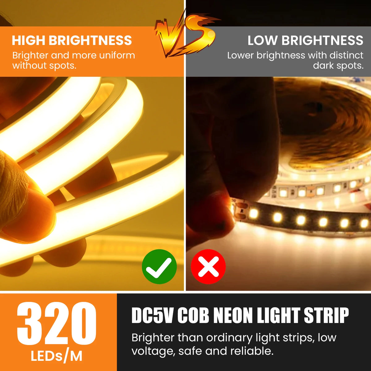 COB Neon LED Strip 5V 320LEDs/m Waterproof Dimmable LED Neon Rope Light Flexible Tape for Kitchen Cabinet Bedroom TV Backlight