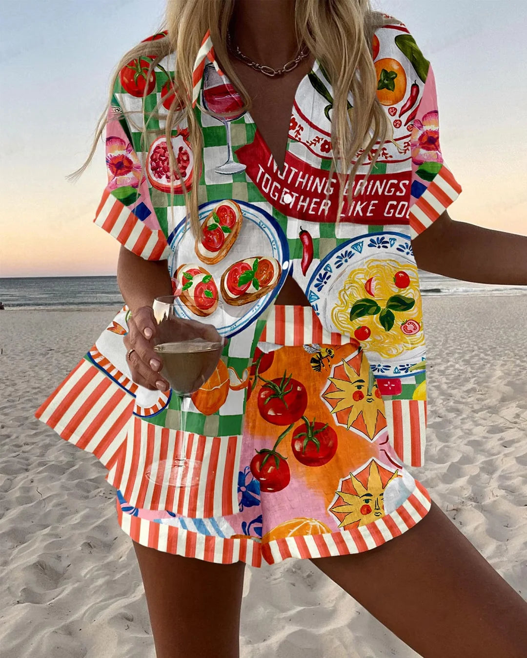 Summer Women's Print Beach Holiday Two-Piece Set Fashion Short Sleeve Buttoned Shirt with Wide Leg Shorts Casual Outfit