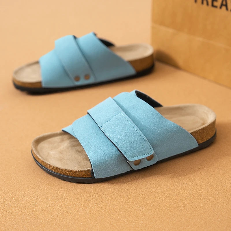 Men Women Clogs Suede Leather Cork Slippers Comfort Footbed Adjustable Open Shoes Slide Sandals Indoor Home Outdoor for Couples