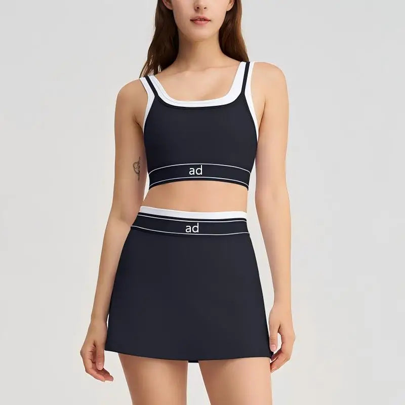 New two-piece contrasting white stripe suspender, running sports bra, tennis skirt, yoga suit set
