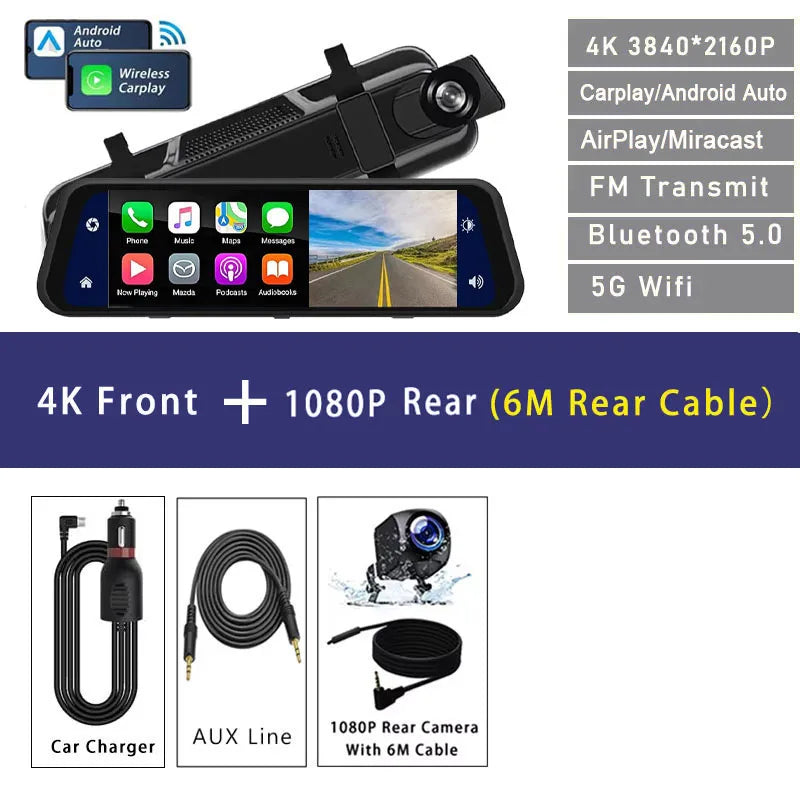 4K Dual-Lens Dash Cam with GPS, Wi-Fi & CarPlay