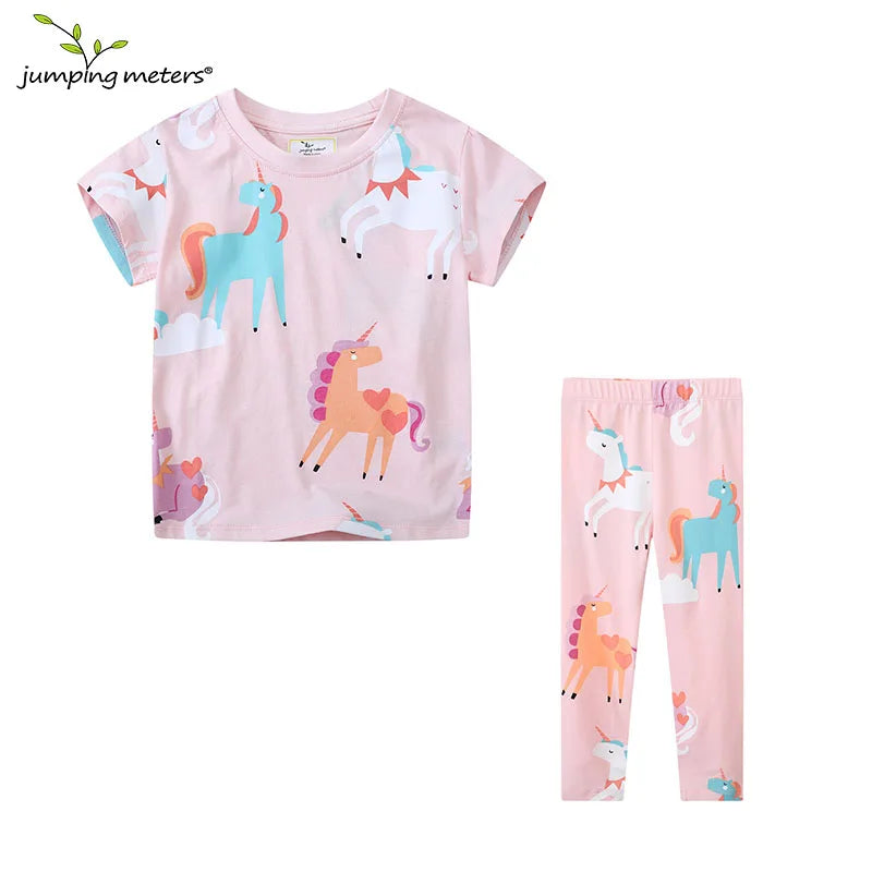 Jumping Meters Unicorn Girls Tshirts + Leggings Short Sleeve Children's Clothing Sets For Summer 2 Pcs Suit Kids Outfits Sets