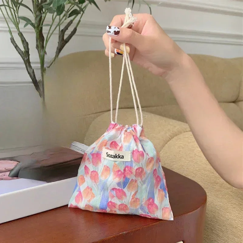 Kawaii Cloth Floral Drawstring Storage Bag Cosmetic Organizer for Women Makeup Handbags Wallet Small Pouch