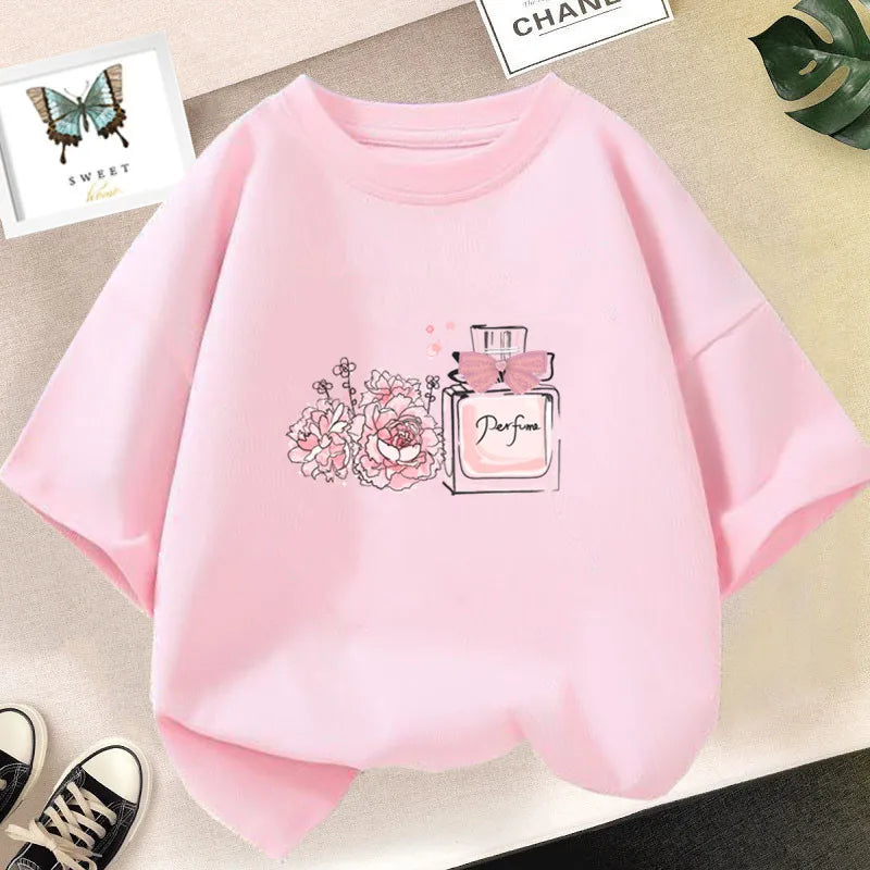 Girl Cute Rabbit Graphic Tshirt Short Sleeve Cotton T-Shirts For Baby Girl Cute Pink Color T-Shirts Children Summer Clothing