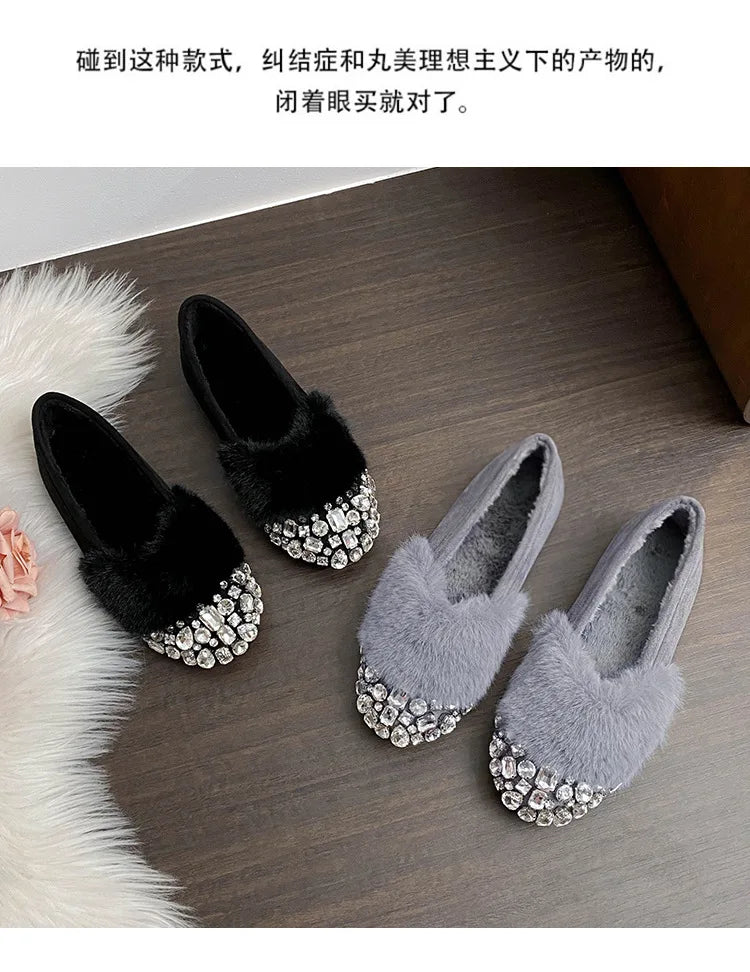 Luxury Glitter Rhinestone Ladies Plush Flat Shoes Female Cozy Crystal Decorate Loafers Winter Warm Walking Driving Shoes Casual