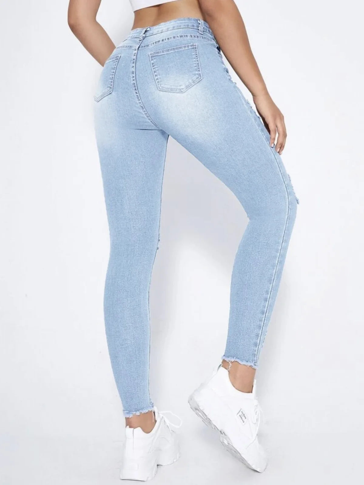 New In Women Fashion Mid Waist Ripped Hole Jeans Casual High Street Denim Pants Sexy Frayed Slim Fit Pencil Pants for Women