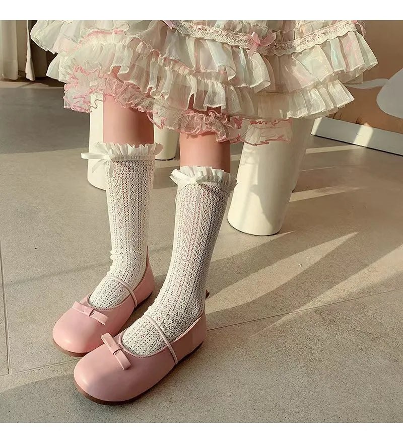 Girls Long Tube Lace Stockings Sweet Bow Jacquard Pattern Mesh Sock Baby Girl Ballet Fishing Net Frilly Socks Lolita Leggings