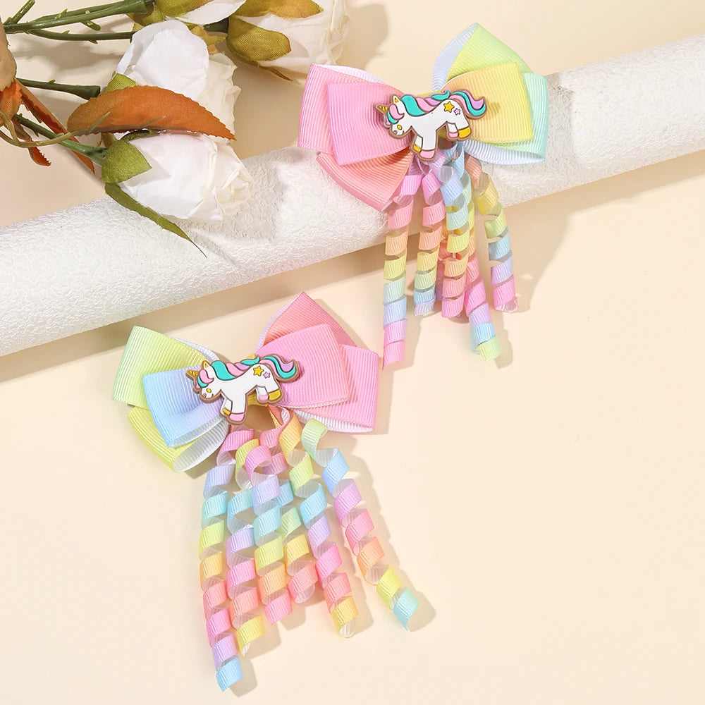 2Pcs Rainbow Unicorn Hair Clip Cute Curly Ribbon Tassel Magical Bow Hairpin For Kids Girls Party Daily Use Headwear Accessories