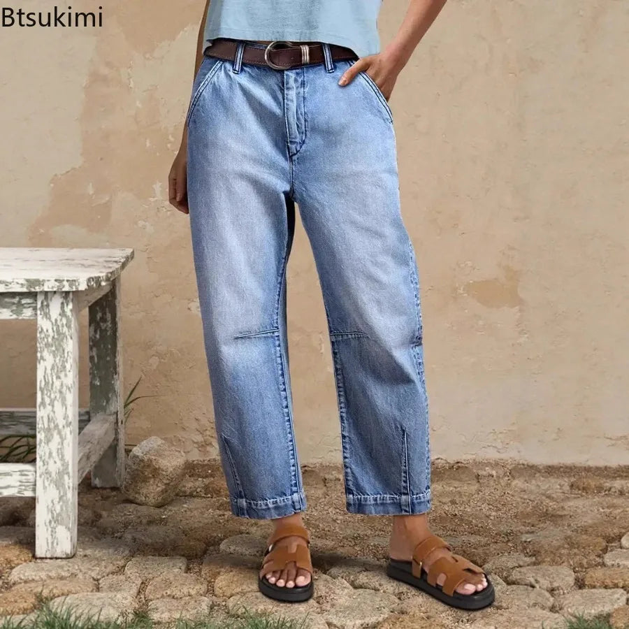 New Women High Waist Loose Straight‑Leg Cropped Jeans Washed Vintage Denim Ankle Pants Casual Daily Streetwear Denim Trousers