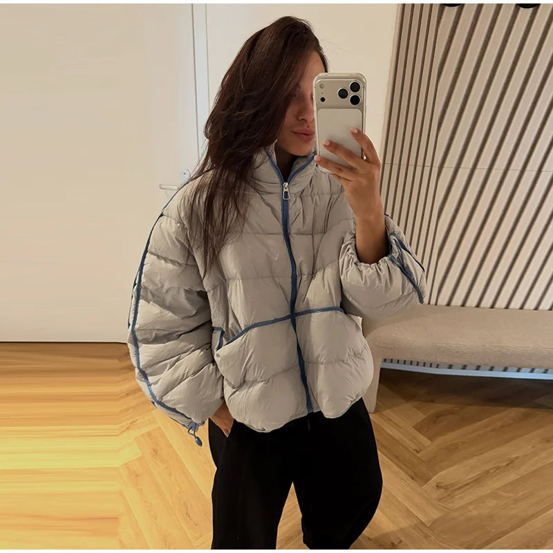 Casual Contrasted Color Women's Cotton Coats Zippers Stand Collar Loose Lady Thicken Jackets 2026 Autumn Winter Female Tops New