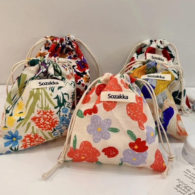 Kawaii Cloth Floral Drawstring Storage Bag Cosmetic Organizer for Women Makeup Handbags Wallet Small Pouch