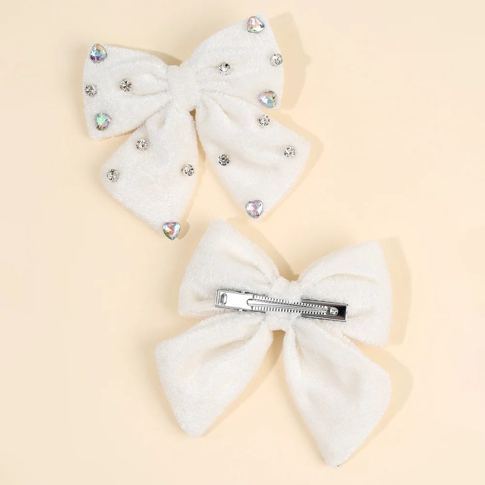 Velvet Bow Hair Clips with Heart Rhinestone Detail, 2-Pack