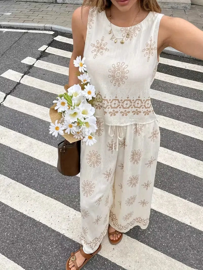 Women's Casual Pant Sets 2026 Summer Fashion Printed Streetwear Sleeveless Tank Tops Waist Loose Wide Leg Pants 2 Piece Sets