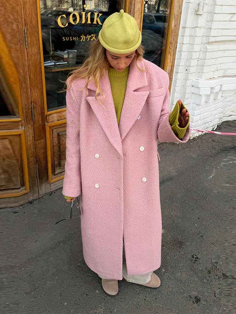 Elegant Women's Woolen Overcoat Solid Lapel Double Breasted Full Sleeve Long Coat 2026 Autumn Winter Fashion Lady Outwear