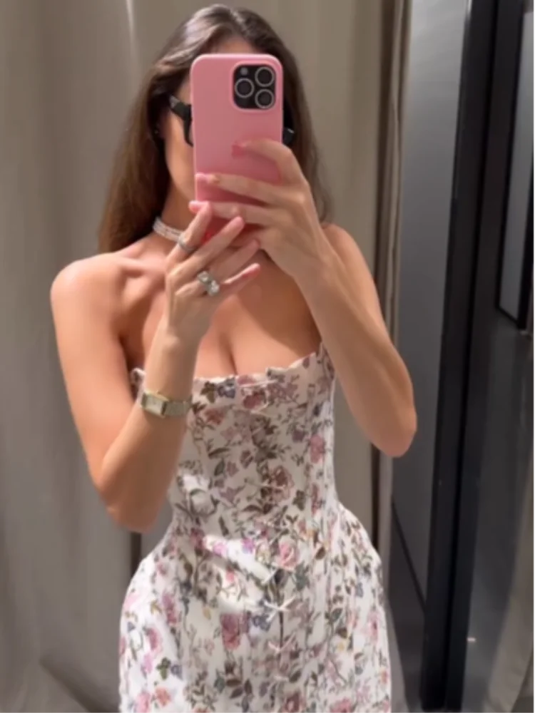Ladies Summer Floral Strapless Mini Dress Lace Up Front Square Neck Side Pockets Beach Club Short 2026 New Daily Dress For Women