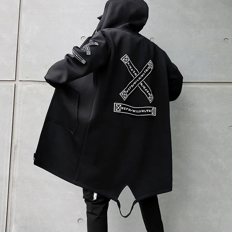 2025 Mens Hooded Trench Coat Mid Long Windproof Jacket Outerwear Autumn Winter New Fashion Windbreaker Coat Parka Male