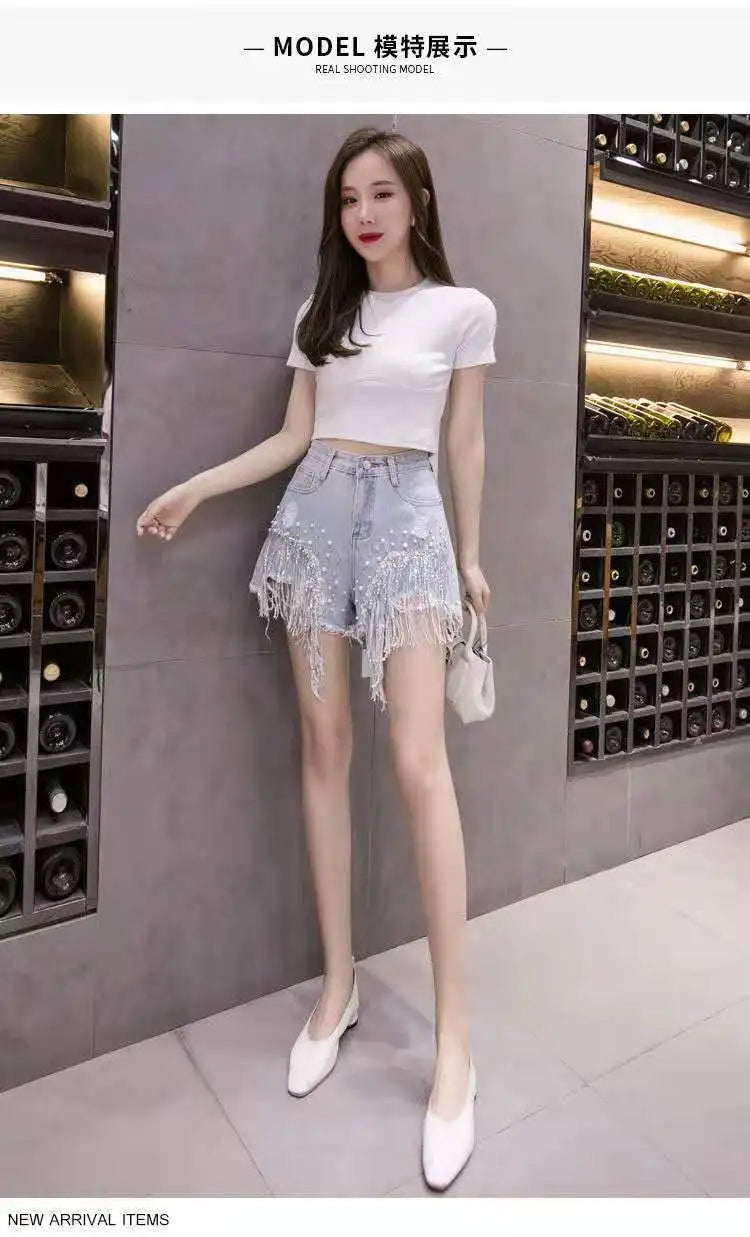 2026 Summer New Personalized Denim Shorts for women's High waisted Diamond Studded Heavy industry Sequin Tassel Fashion Shorts