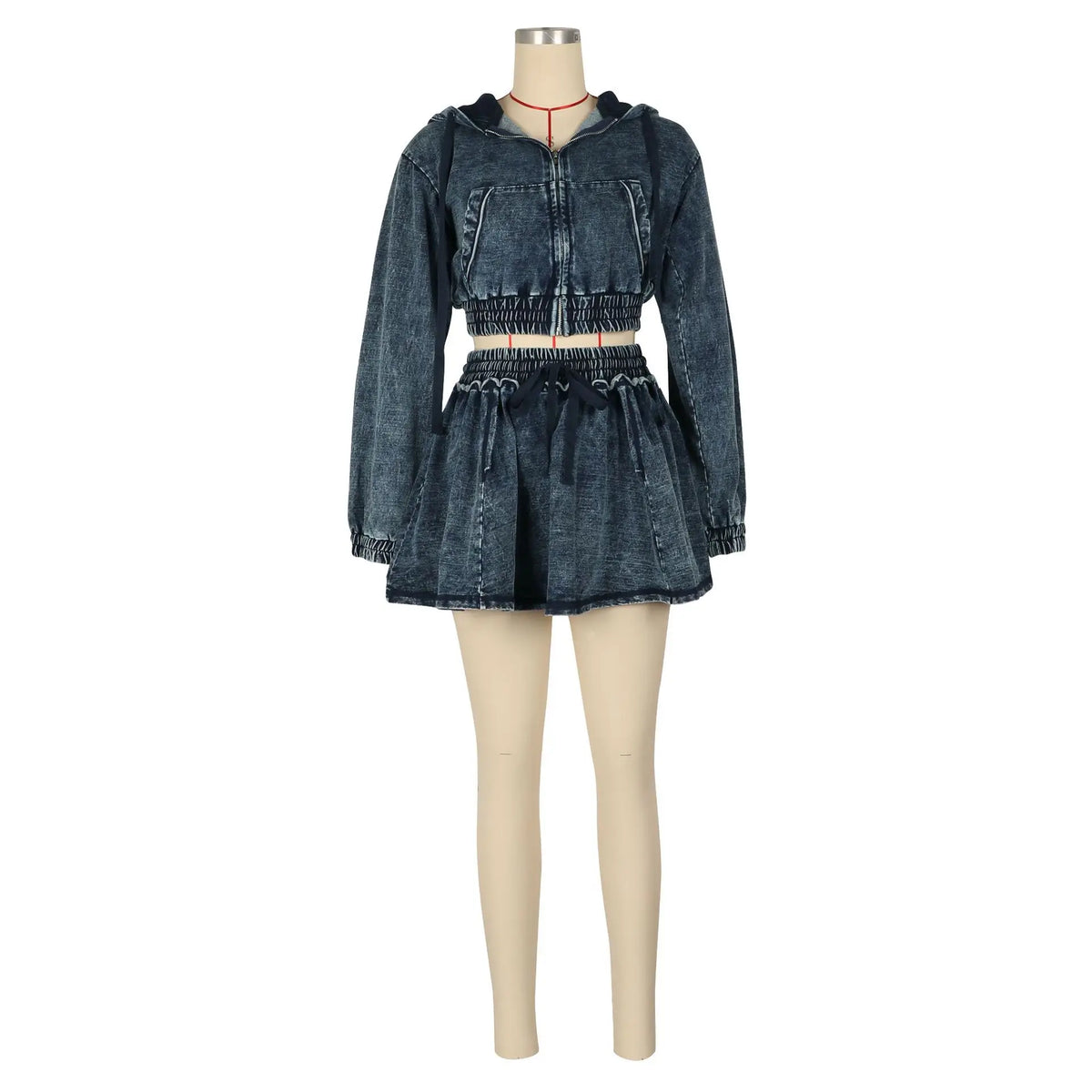 FAGADOER Fashion Denim 2 Pieces Set for Woman Wash Long Sleeve Hooded Crop Top and Pleated Skirts Matching Suits Streetwear New
