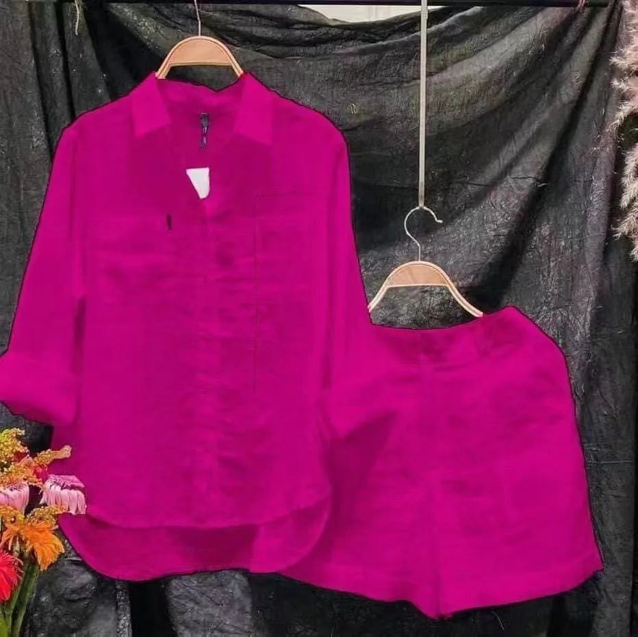 2025 Summer Cotton Linen Casual Shirt Two Piece Set For Women Shorts 2 Piece Sets Outfit Long Sleeve Short Sets Outfits Home