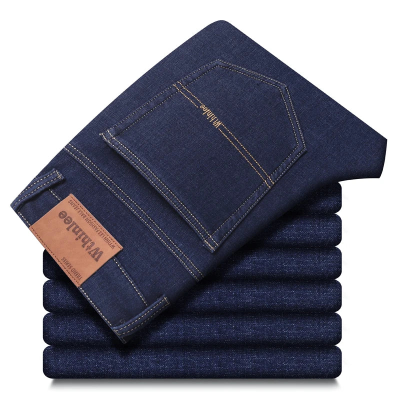OUSSYU Brand Classic Retro Blue Men's Jeans Denim Pants Work Streetwear Straight Stretch Business Autumn Winter Cotton Trousers