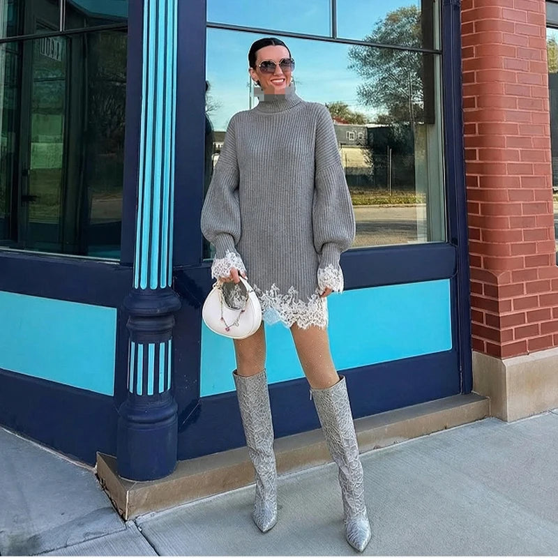 Elegant Women's Dress Stand Collar Full Sleeve Solid Lace Patchwork Knitted Female Dresses 2025 Winter Fashion Cozy Lady Robes