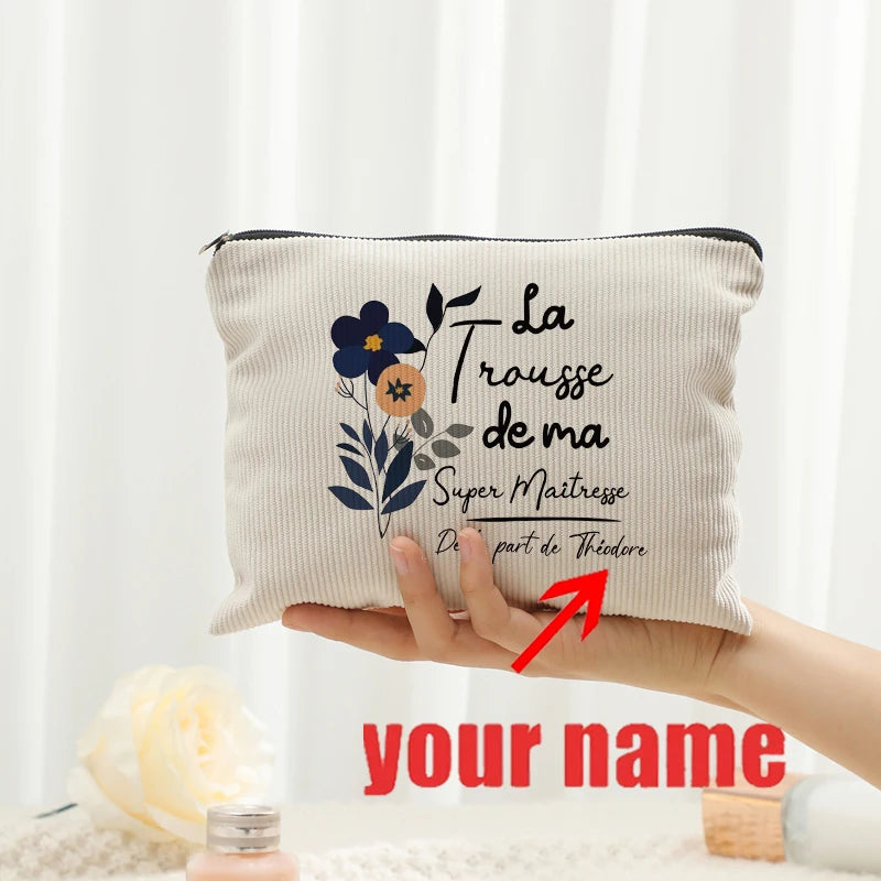 Personalized Floral Maitresse Appreciation Cosmetic Bag Custom Name Toiletry Case Gift for Educators End of School Year Present
