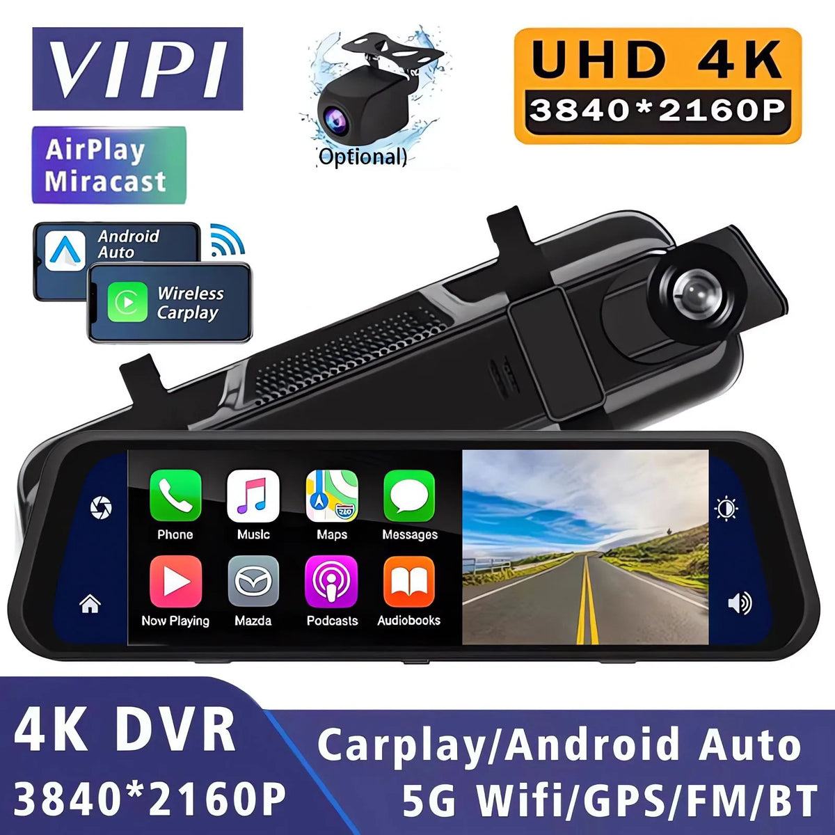 4K Dual-Lens Dash Cam with GPS, Wi-Fi & CarPlay
