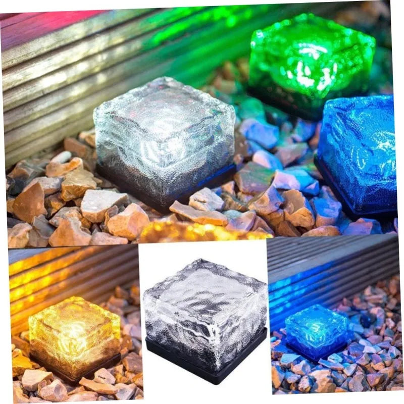 1-8PCS Garden Yard Decor Solar Ice Cube Lights Glass Brick Landscape Square Glass Outdoor Pathway Illumination Lamps