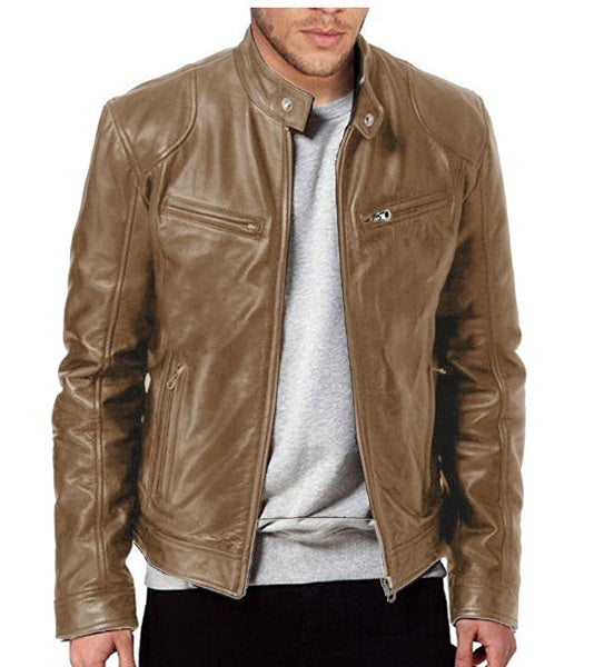 2023 Fashion Mens Leather Jacket Slim Fit Stand Collar PU Jacket Male Anti-wind Motorcycle Lapel Diagonal Zipper Jackets Men