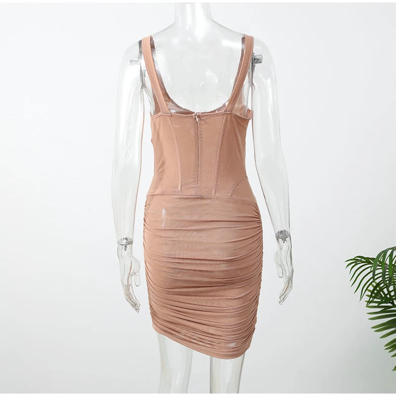 Sexy Slim Fishbone Mini Dresses Women's 2026 Summer Solid V-neck Pleated Sleeveless Bodycon Dress Fashion Lady Party Club Gowns