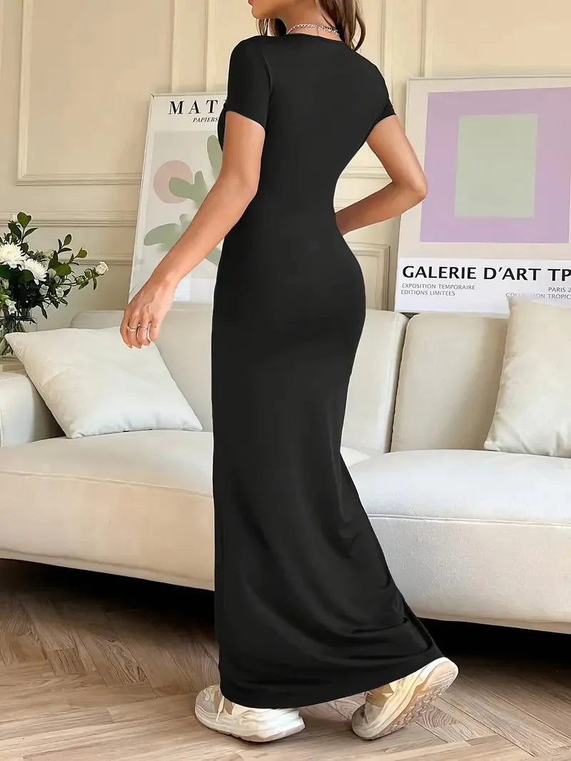 Short-sleeved Solid Color Slim Sexy Waisted Spring And Summer Temperament Dress Women's Round Neck Elegant Long Dress For Dinner