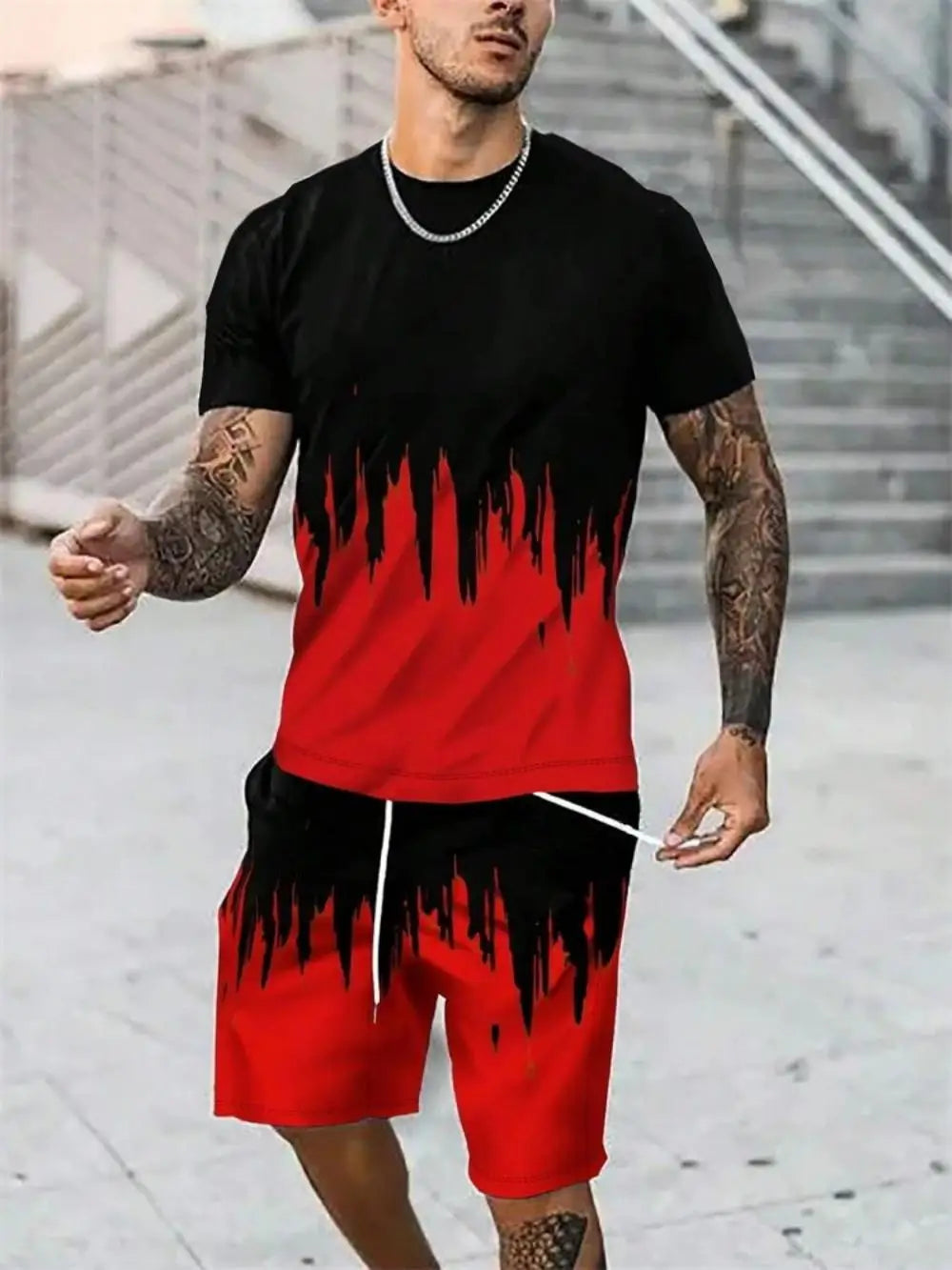 New Rose Pattern Men's T-shirt Round Neck Short Sleeve Drawstring Shorts Outdoor Breathable Casual Short Sleeve Set