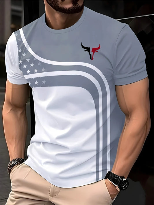 Summer New Mens Casual Round-neck T-shirt with 3D Printed Water Buffalo Logo Geometric Pattern Regular Home Casual Short-sleeved