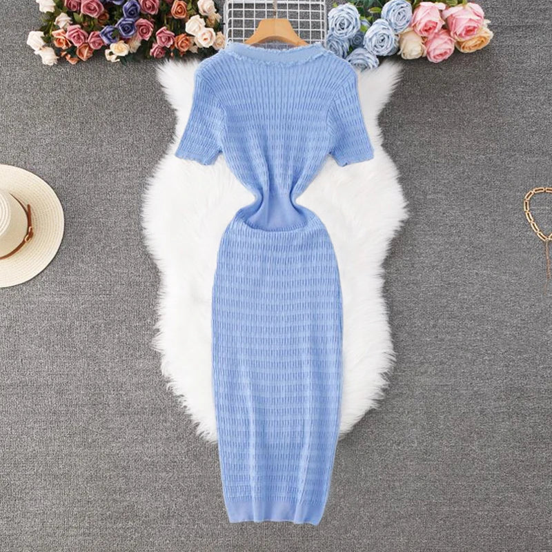 YuooMuoo 2026 New Arrival Women Knitted Long Dress Elegant V-neck Single-breasted Split Sweater Dress Office Lady Vestidos