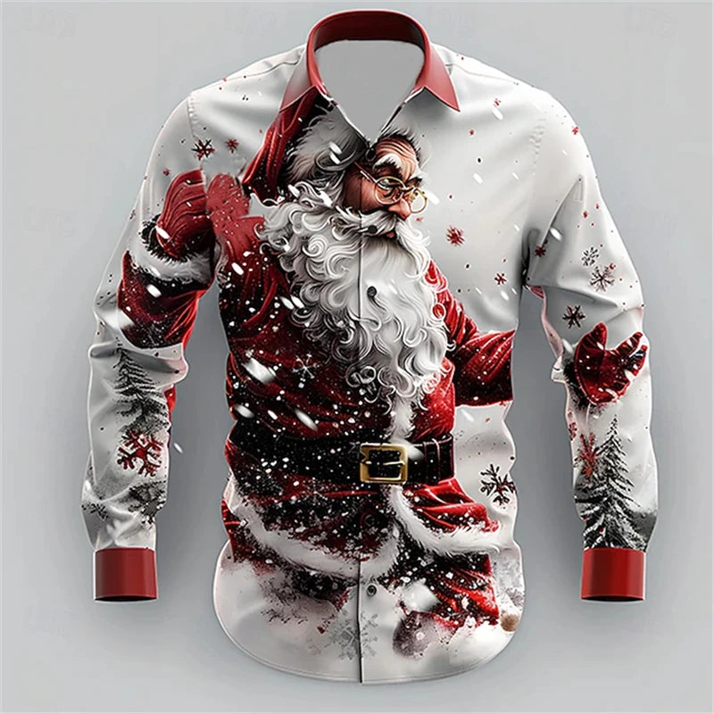Gift Christmas Tree Print Men's Long Sleeve Shirt Urban Street Men's Fashion Christmas Shirt Autumn And Winter Casual Mens Shirt