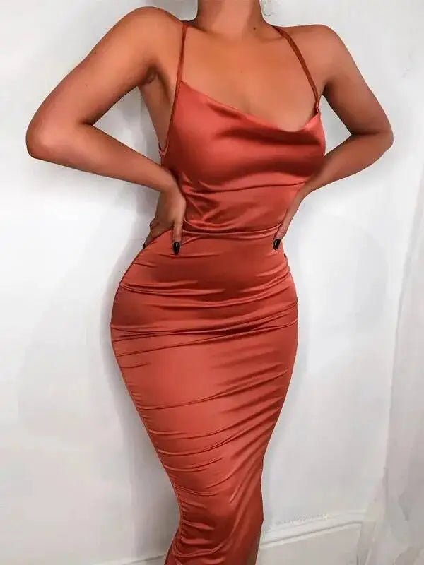 Satin Lace Up Women's Long Midi Dress Light Pink Bodycon Backless Elegant Party Sexy Club Clothes Summer Dinner Outfit