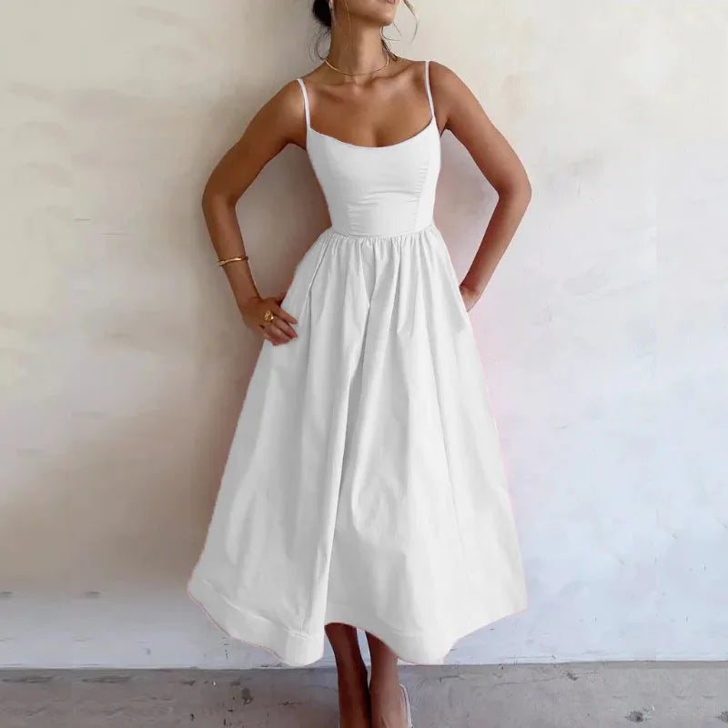 Summer U-neck Casual Female Vintage Elegant  Spaghetti Strap Dress Women Elegant Solid Sleeveless A-line Midi Women's Dresses