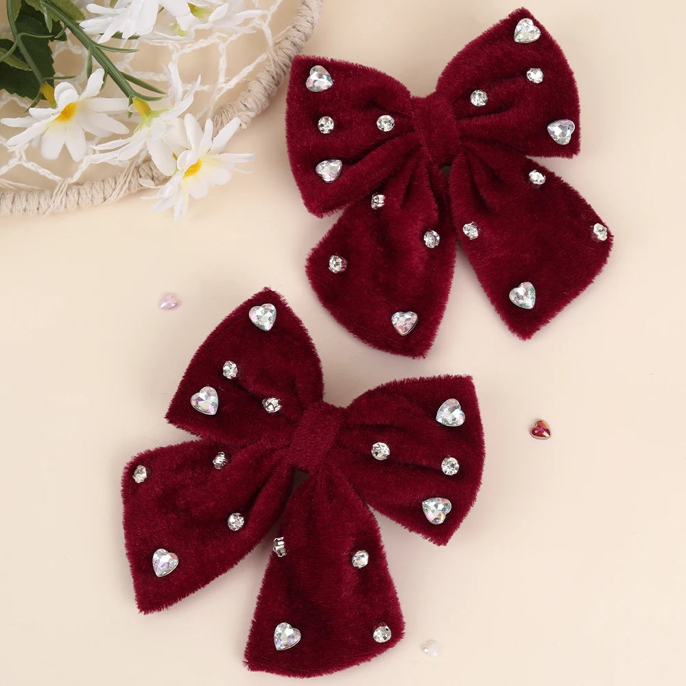 Velvet Bow Hair Clips with Heart Rhinestone Detail, 2-Pack