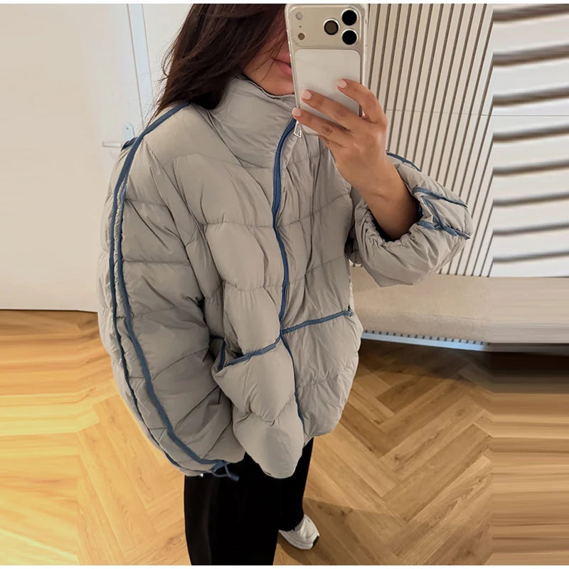 Casual Contrasted Color Women's Cotton Coats Zippers Stand Collar Loose Lady Thicken Jackets 2026 Autumn Winter Female Tops New