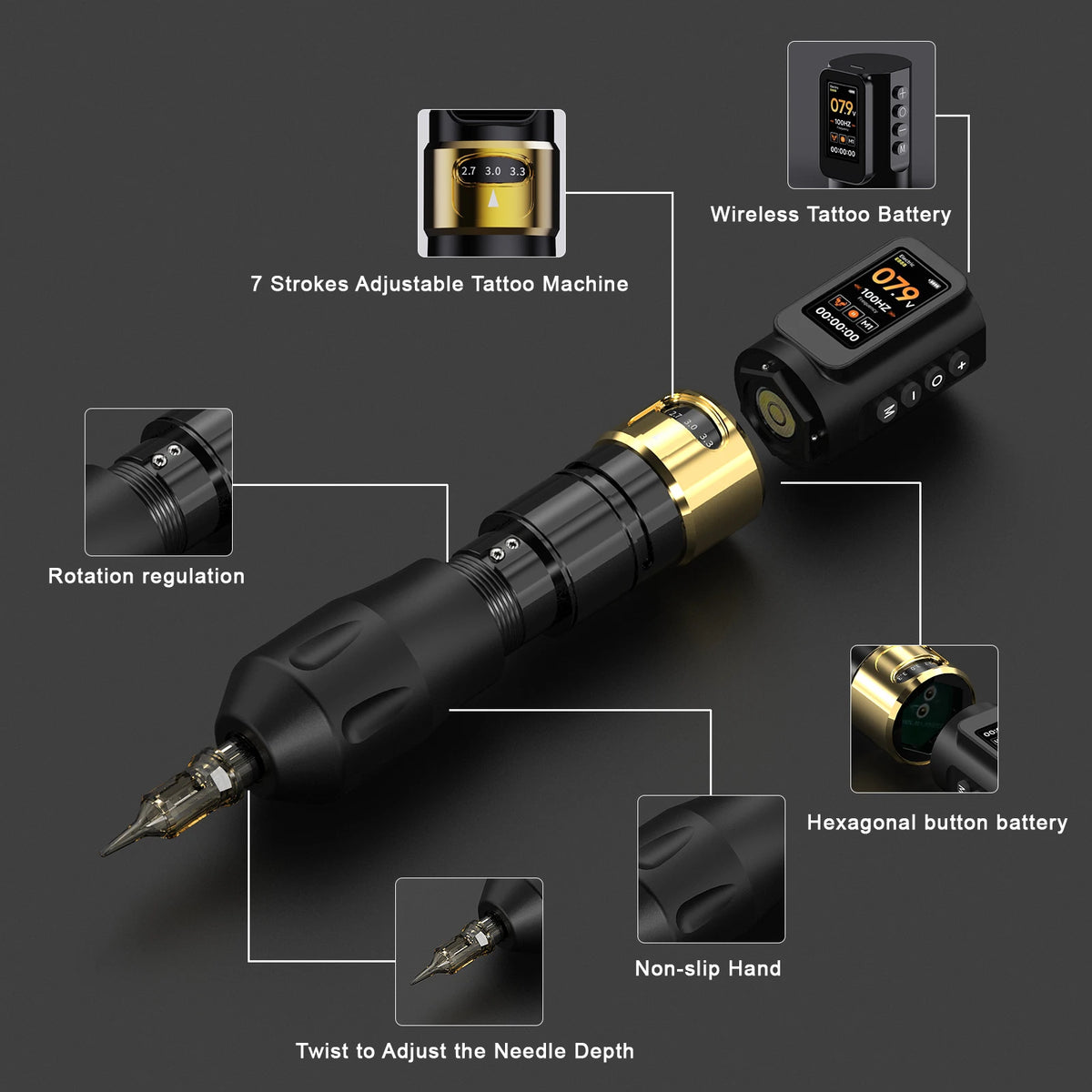 ELF Pro Tattoo Machine Pen Wireless Power Supply Battery 1700mAh Adjustable Stroke LED Display Permanent Makeup Tattoo Gun