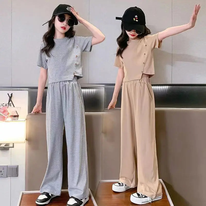 Summer 2026 Girls Clothes Sets Kids Short Sleeve Casual T-Shirts + Loose Pants 2PCS Children Clothing Suits Teen 6 8 10 12 14 Y